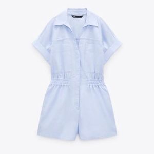 Zara Oxford Short Jumpsuit Romper in Pale Blue